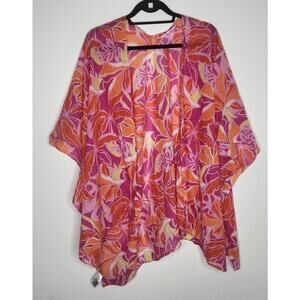 Old Navy Kimono Cardigan Womens XL-4X Pink Orange Sheer Tropical Floral Cover Up